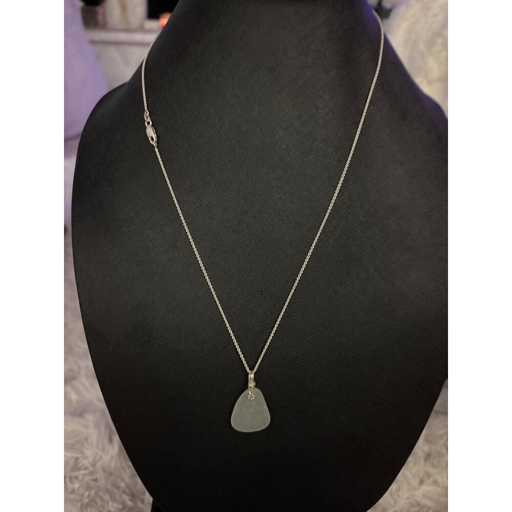 .925 Italy Sterling Silver Chain Necklace With Sea Glass Pendant Minimalist